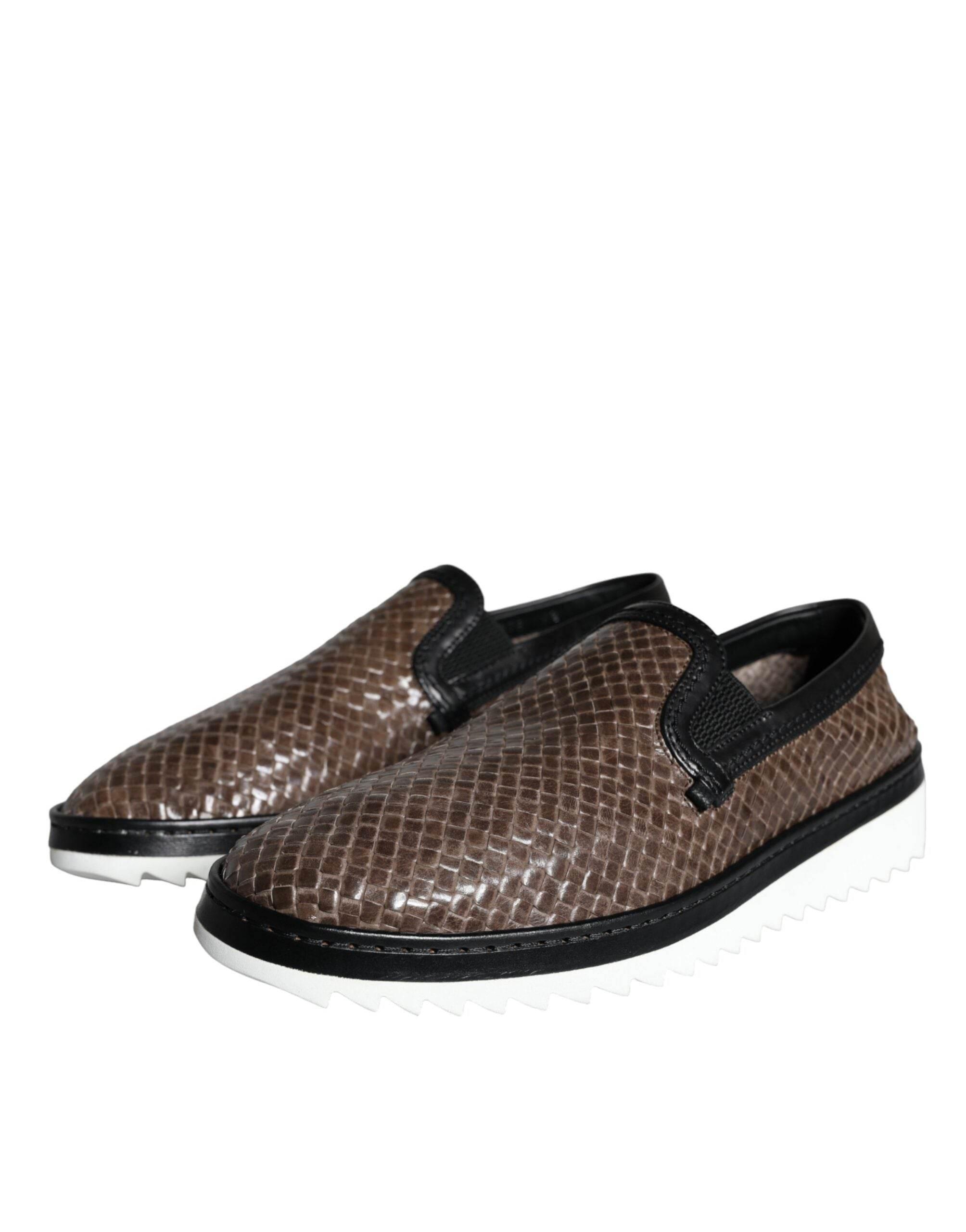 Dolce & Gabbana Brown Black Leather Weaved Men Loafers Shoes - Hilstor