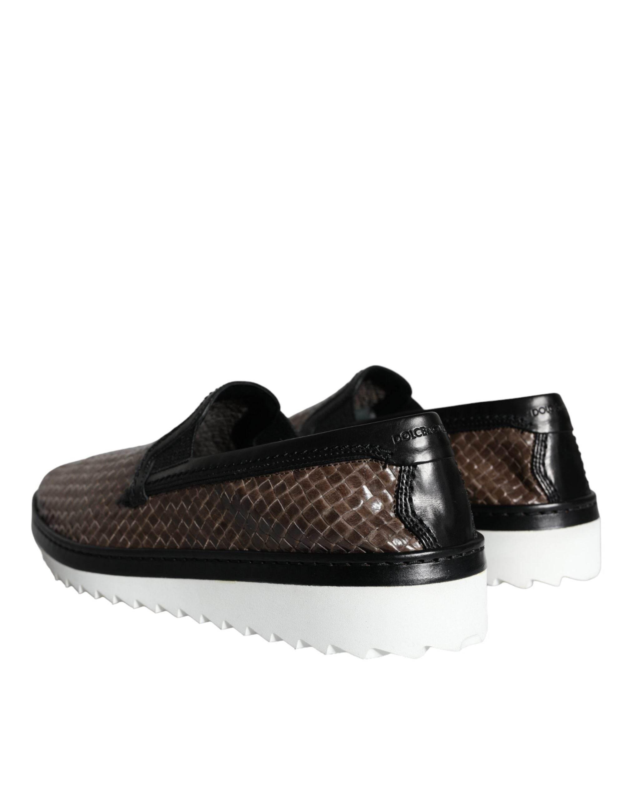 Dolce & Gabbana Brown Black Leather Weaved Men Loafers Shoes - Hilstor