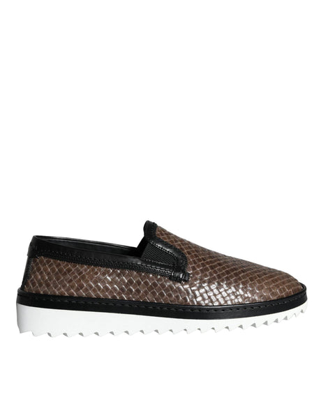 Dolce & Gabbana Brown Black Leather Weaved Men Loafers Shoes - Hilstor