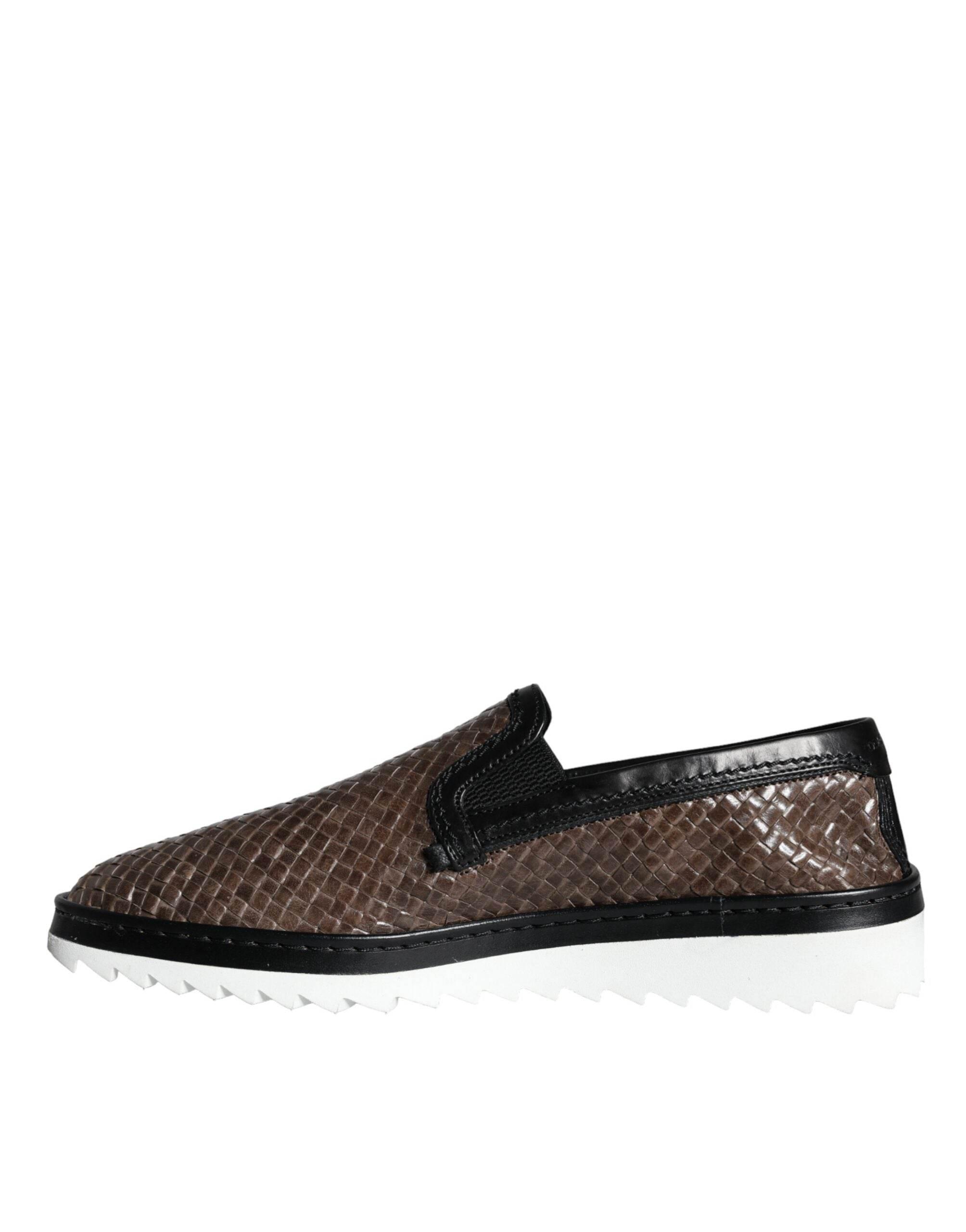 Dolce & Gabbana Brown Black Leather Weaved Men Loafers Shoes - Hilstor