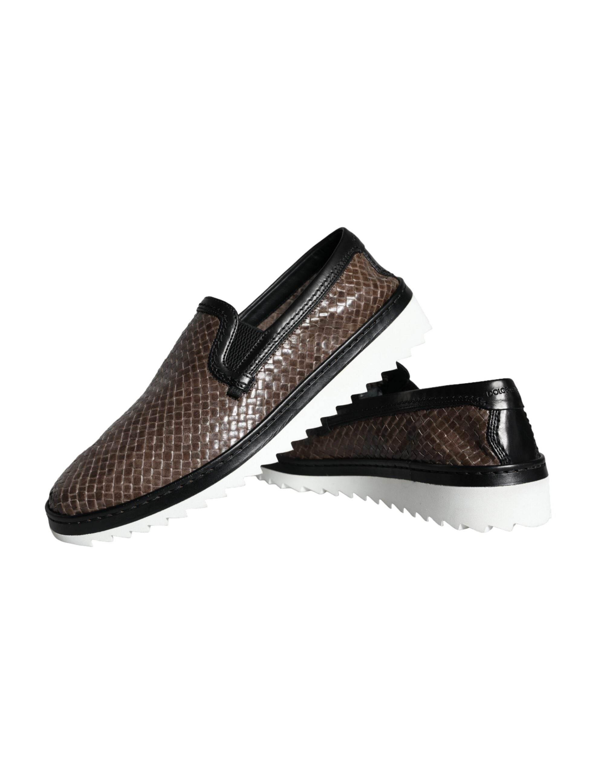 Dolce & Gabbana Brown Black Leather Weaved Men Loafers Shoes - Hilstor