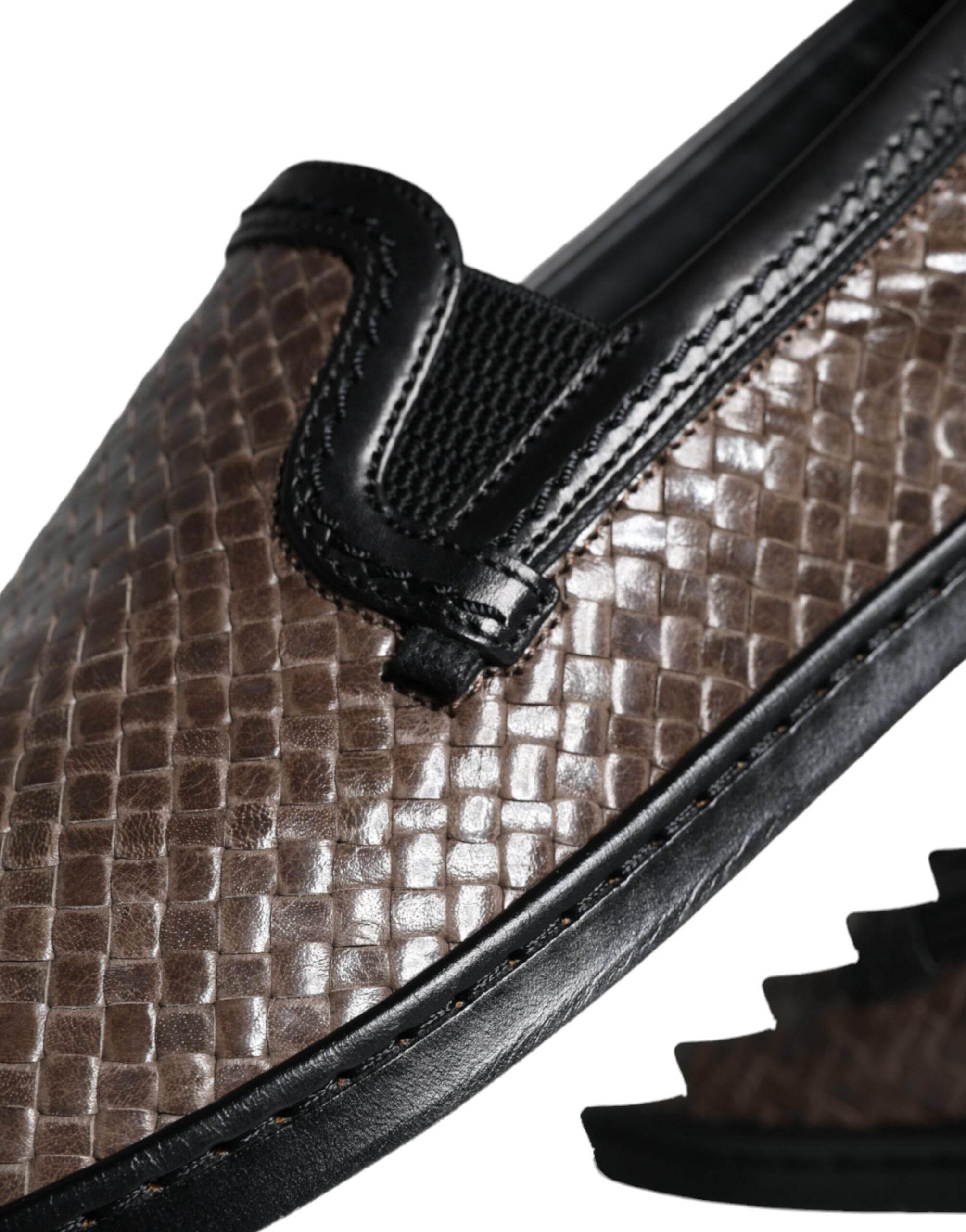 Dolce & Gabbana Brown Black Leather Weaved Men Loafers Shoes - Hilstor