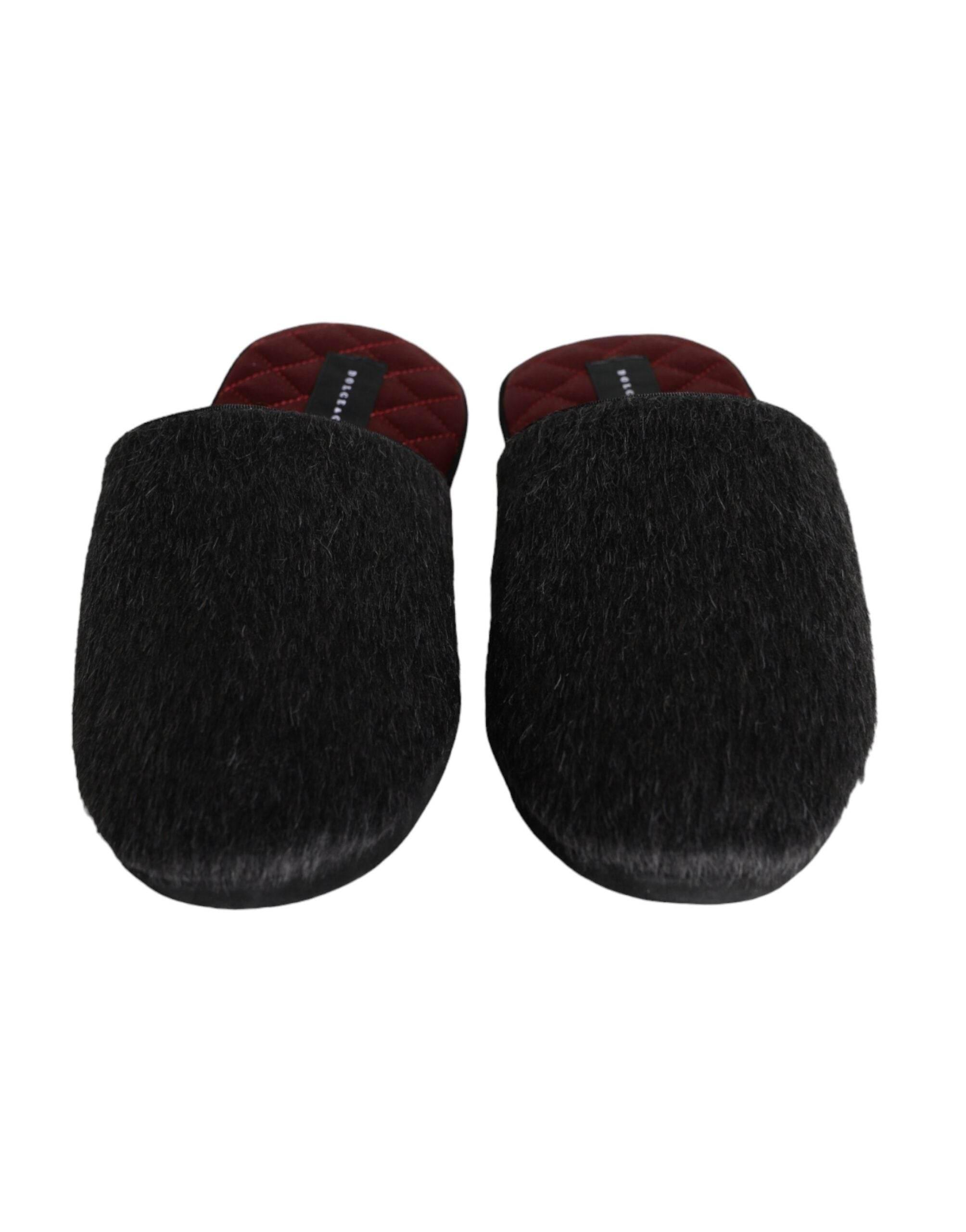 Dolce & Gabbana Black Faux Fur Slides Slippers Slip On Shoes - Hilstor