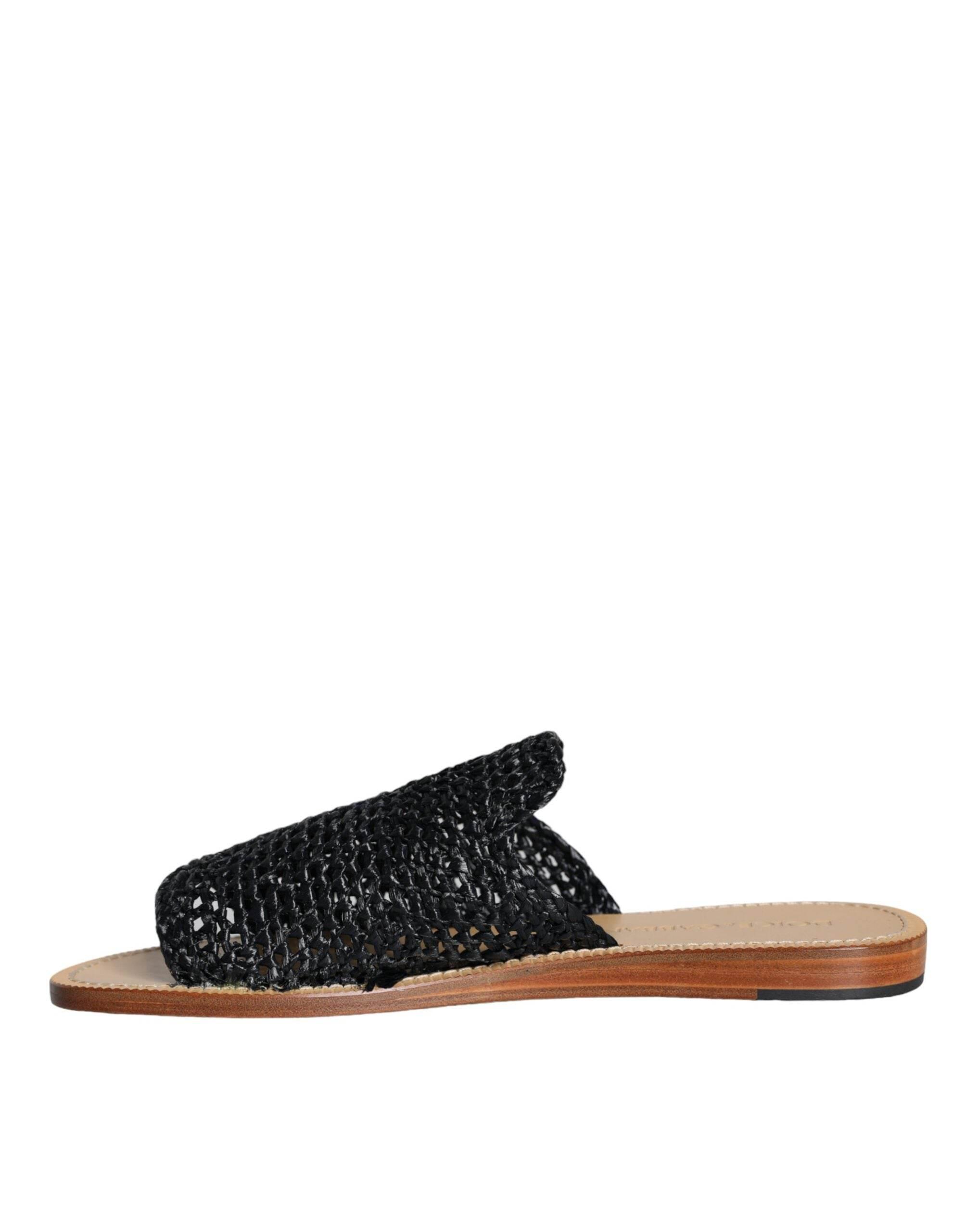 Dolce & Gabbana Black Monochrome Braided Raffia Slides Shoes - Hilstor