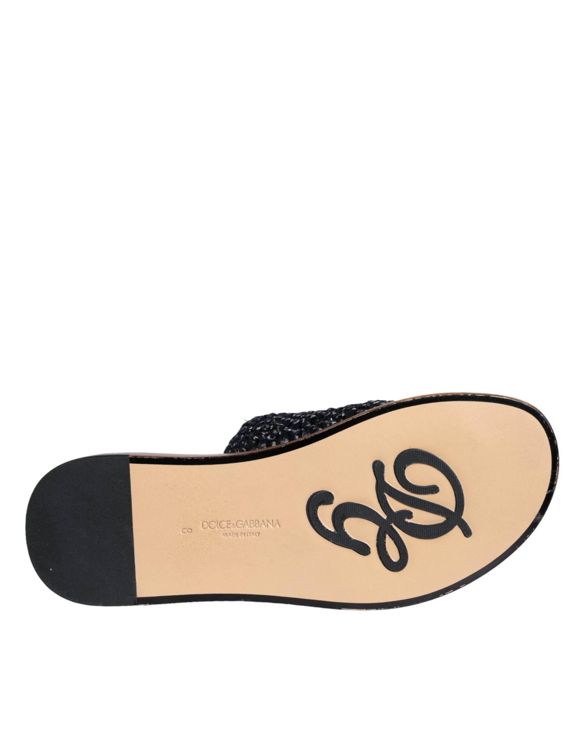 Dolce & Gabbana Black Monochrome Braided Raffia Slides Shoes - Hilstor