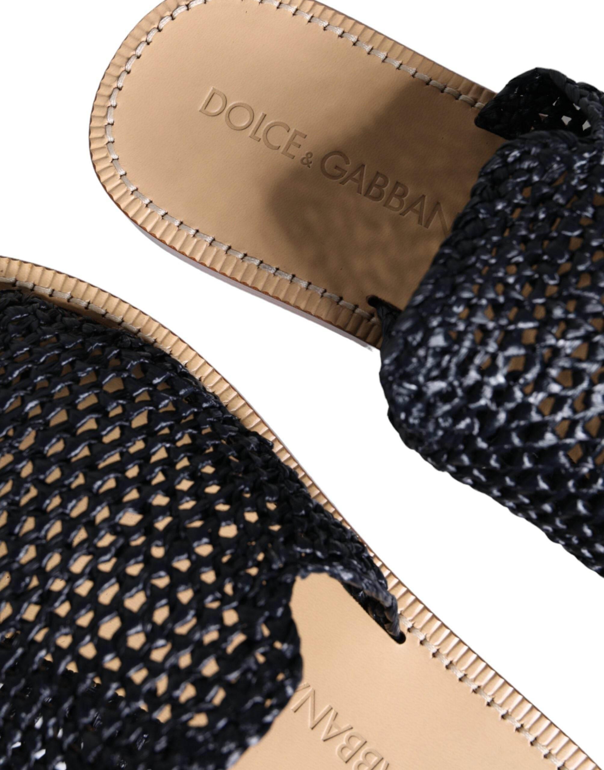 Dolce & Gabbana Black Monochrome Braided Raffia Slides Shoes - Hilstor