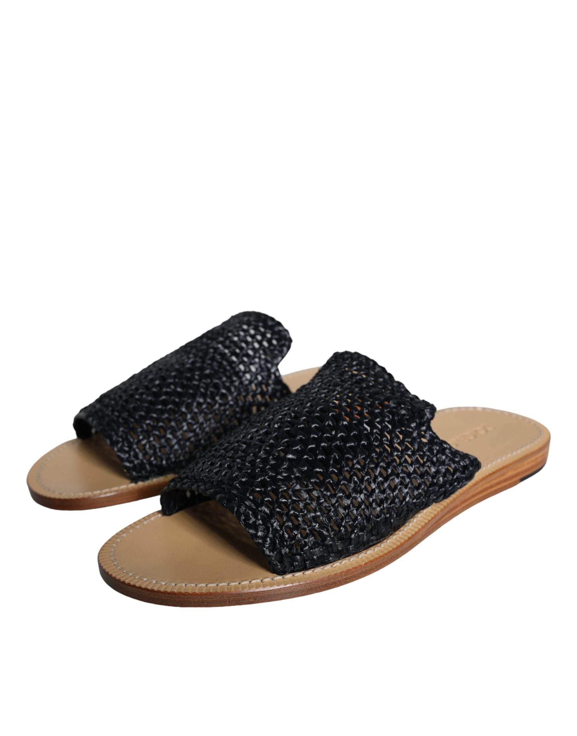 Dolce & Gabbana Black Monochrome Braided Raffia Slides Shoes - Hilstor