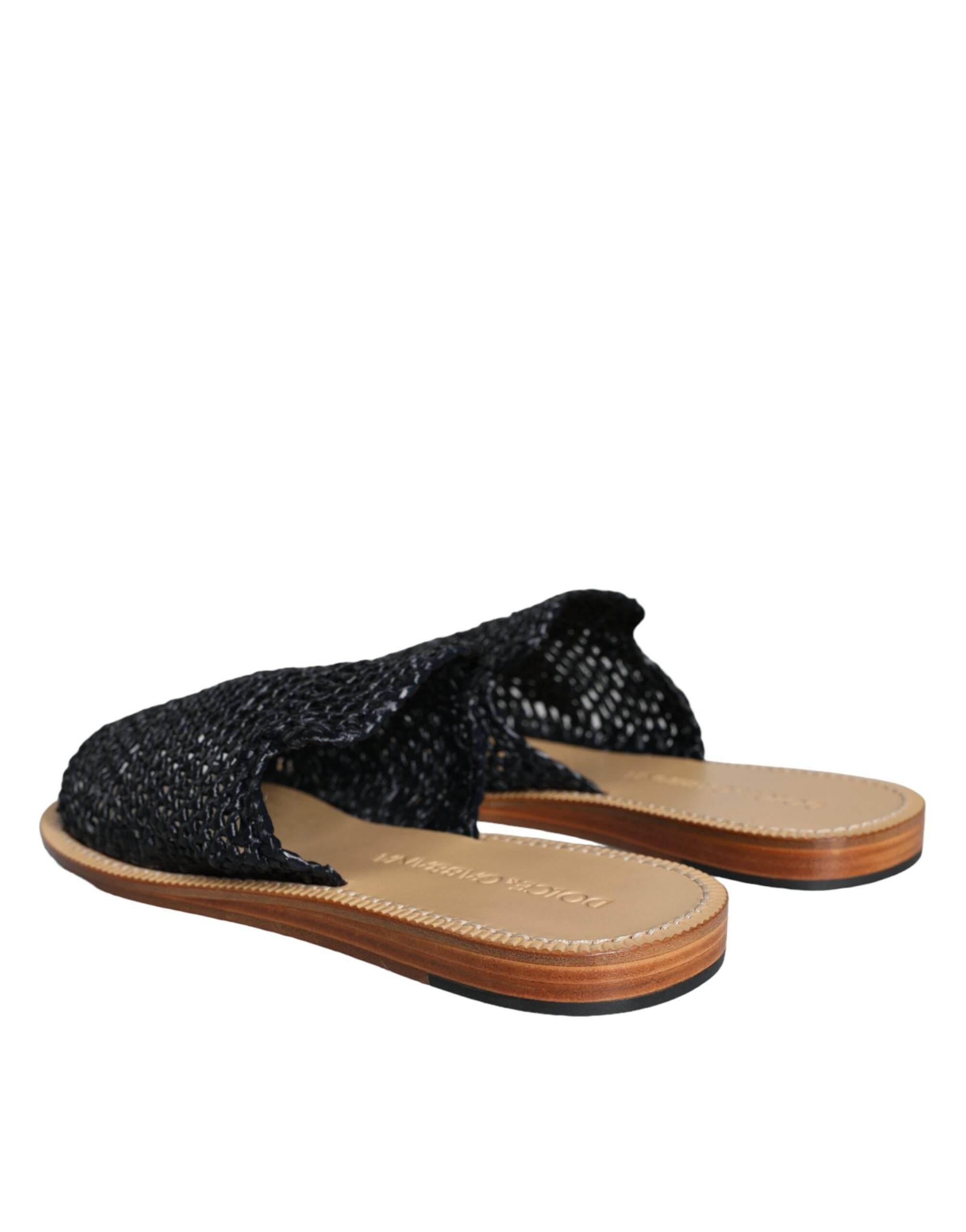 Dolce & Gabbana Black Monochrome Braided Raffia Slides Shoes - Hilstor