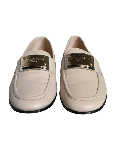 Dolce & Gabbana Beige Leather Logo Plaque Slip On Men Loafers Shoes - Hilstor