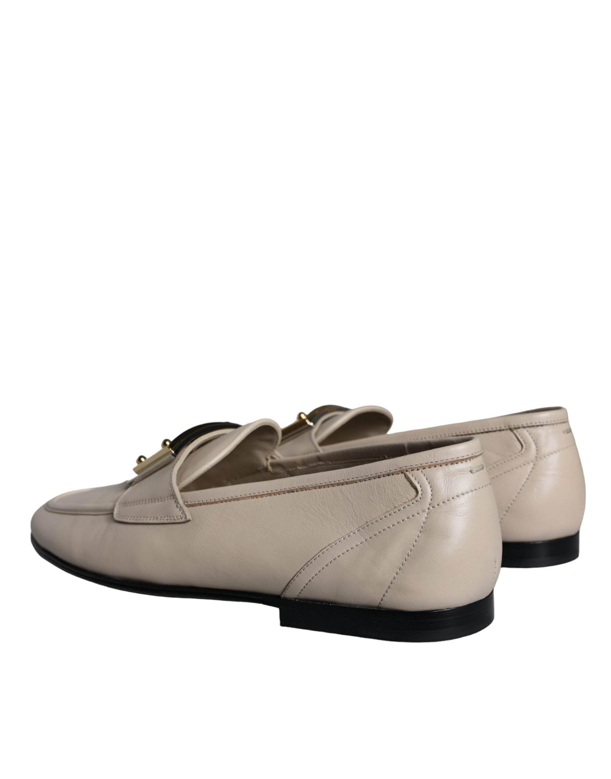 Dolce & Gabbana Beige Leather Logo Plaque Slip On Men Loafers Shoes - Hilstor