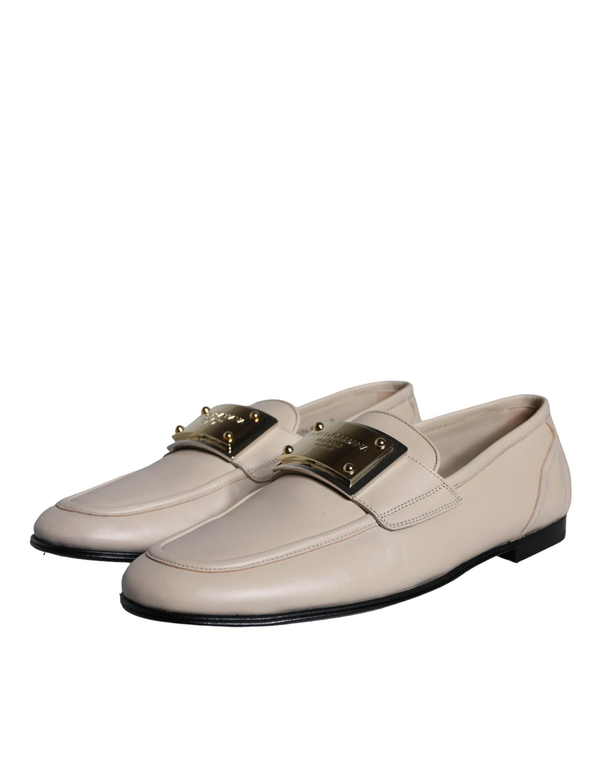 Dolce & Gabbana Beige Leather Logo Plaque Slip On Men Loafers Shoes - Hilstor