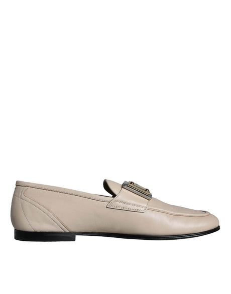 Dolce & Gabbana Beige Leather Logo Plaque Slip On Men Loafers Shoes - Hilstor