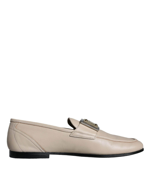 Dolce & Gabbana Beige Leather Logo Plaque Slip On Men Loafers Shoes - Hilstor