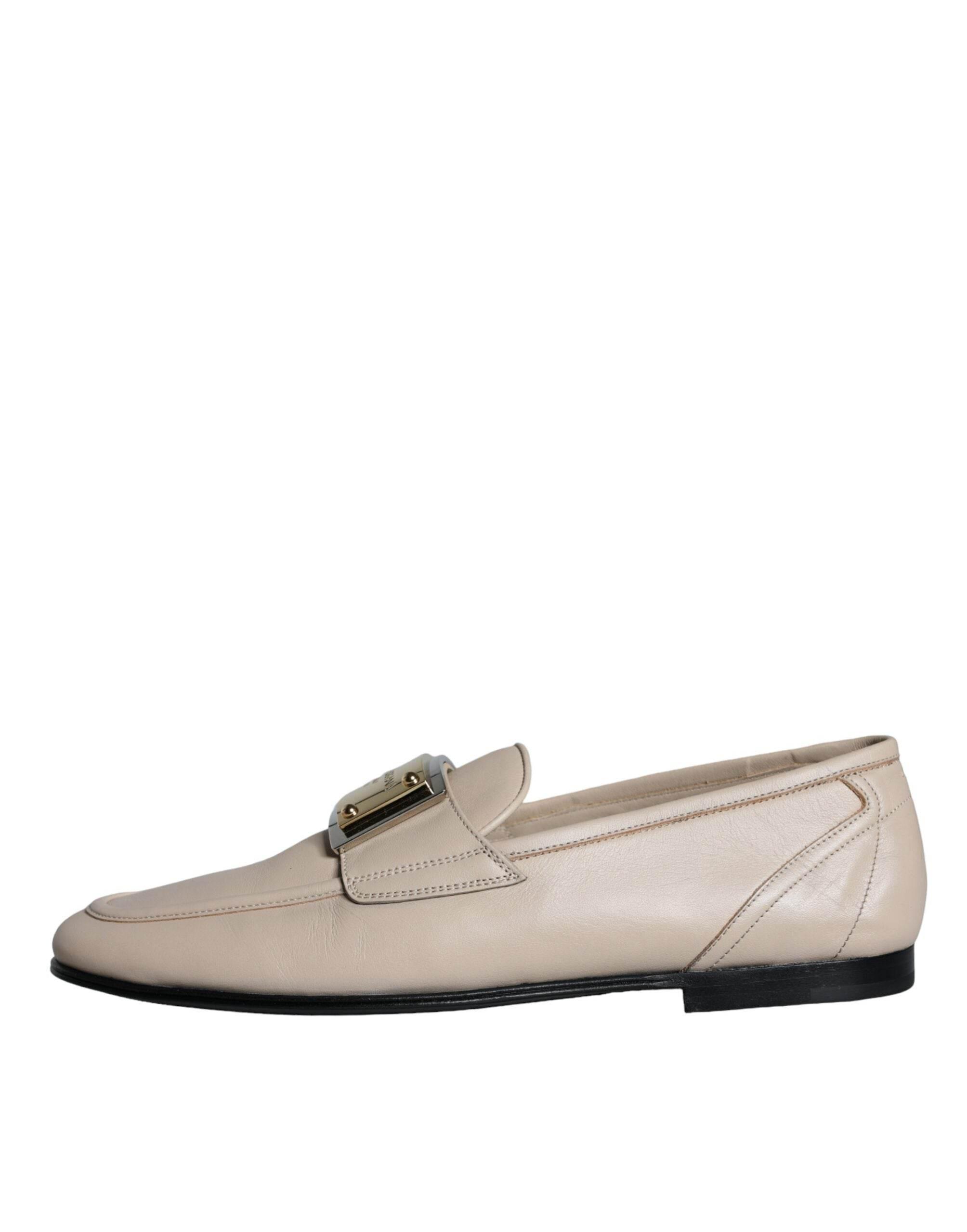 Dolce & Gabbana Beige Leather Logo Plaque Slip On Men Loafers Shoes - Hilstor