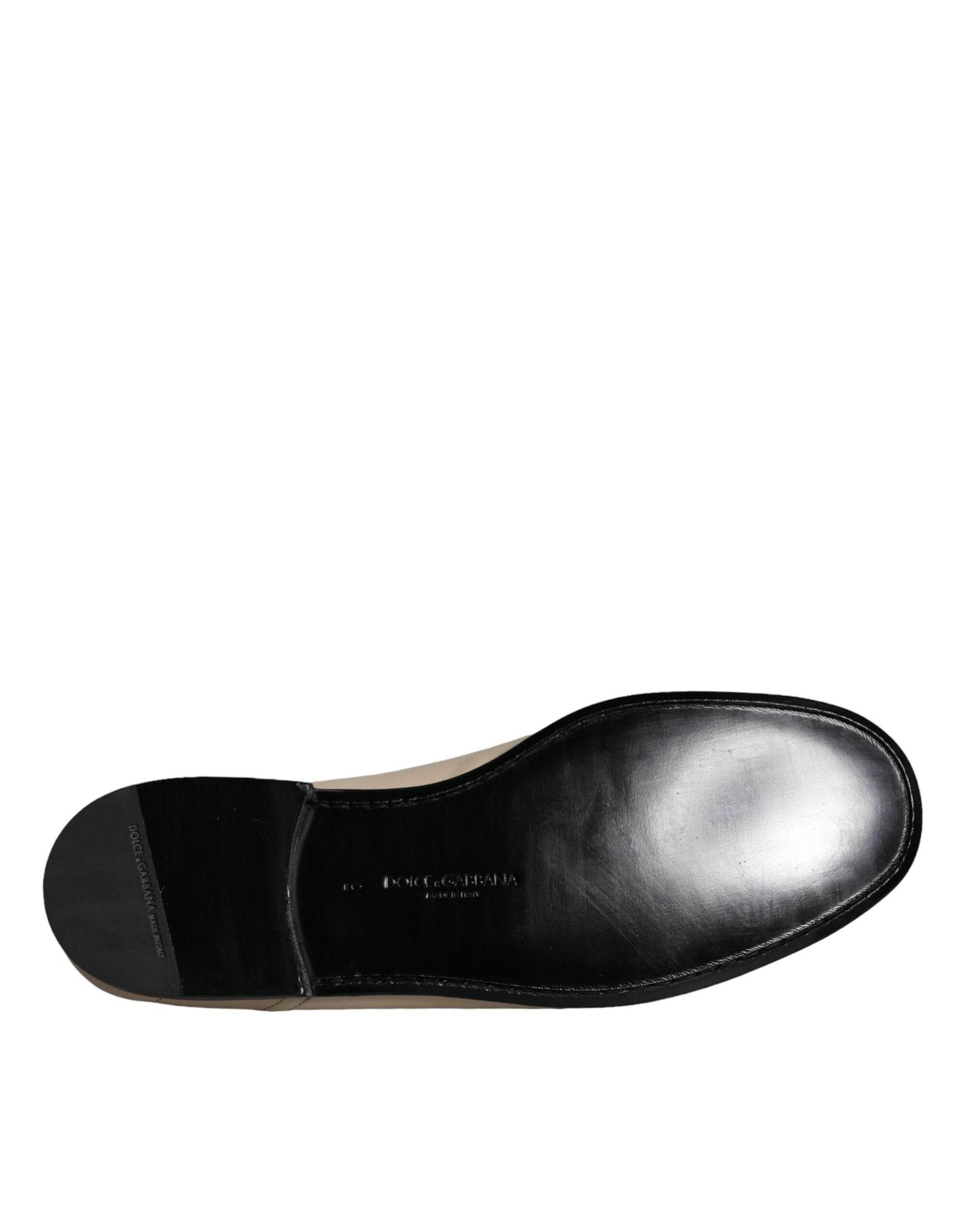Dolce & Gabbana Beige Leather Logo Plaque Slip On Men Loafers Shoes - Hilstor