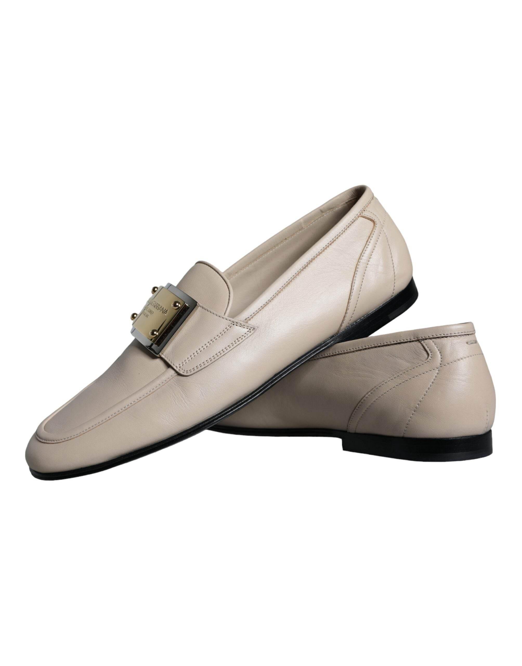 Dolce & Gabbana Beige Leather Logo Plaque Slip On Men Loafers Shoes - Hilstor