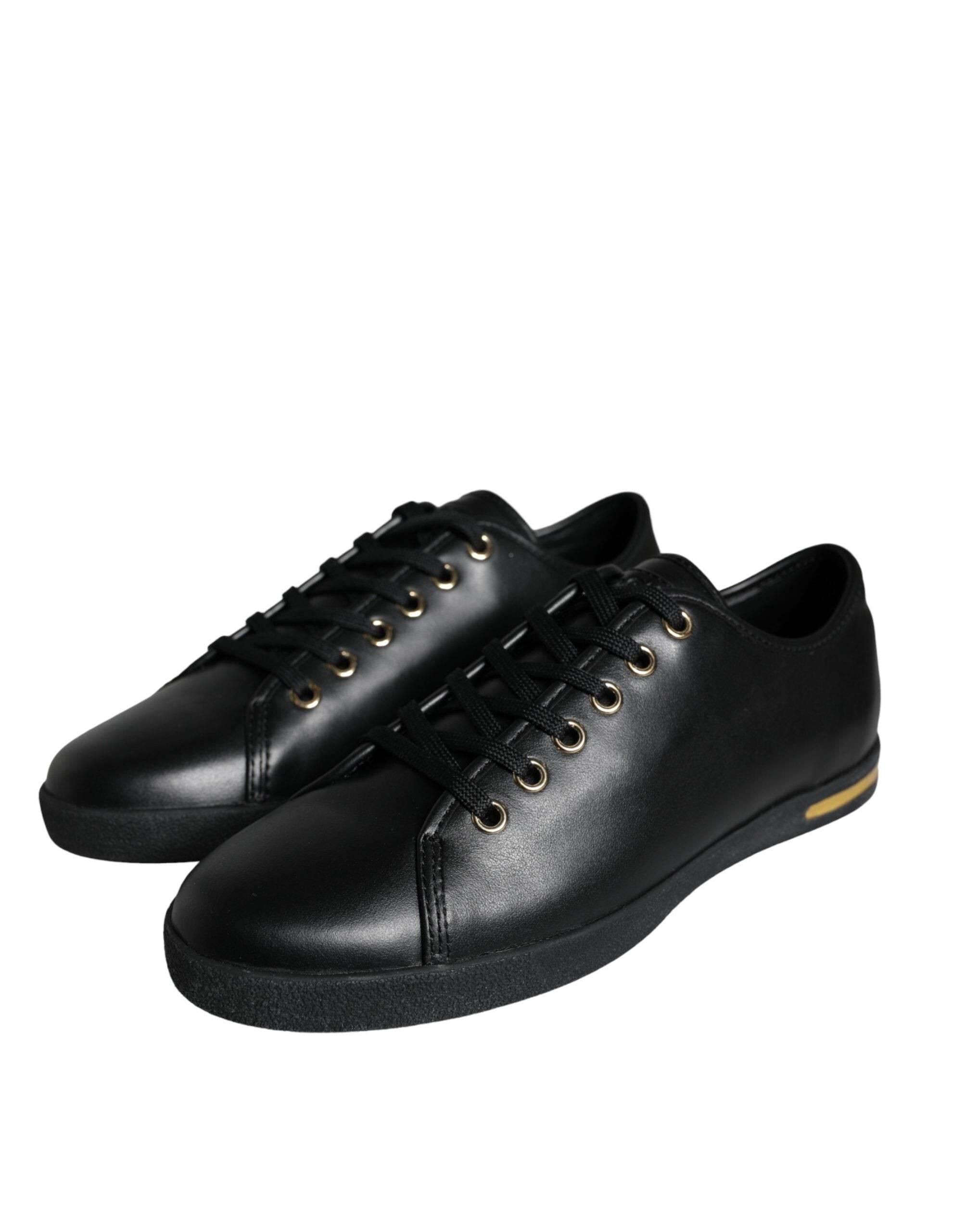 Dolce & Gabbana Black Gold Leather Classic Sneakers Shoes - Hilstor