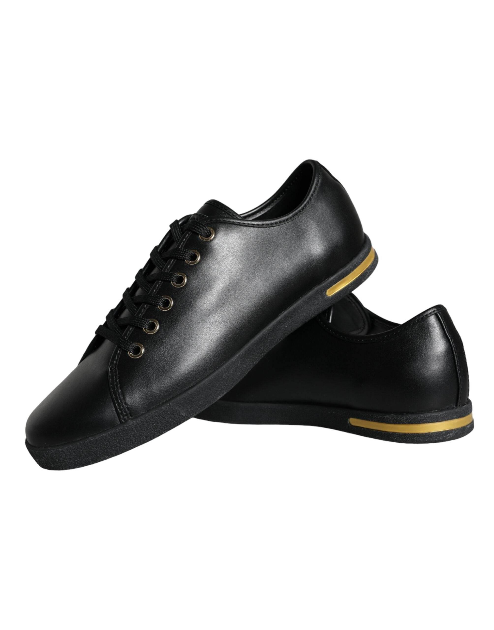 Dolce & Gabbana Black Gold Leather Classic Sneakers Shoes - Hilstor