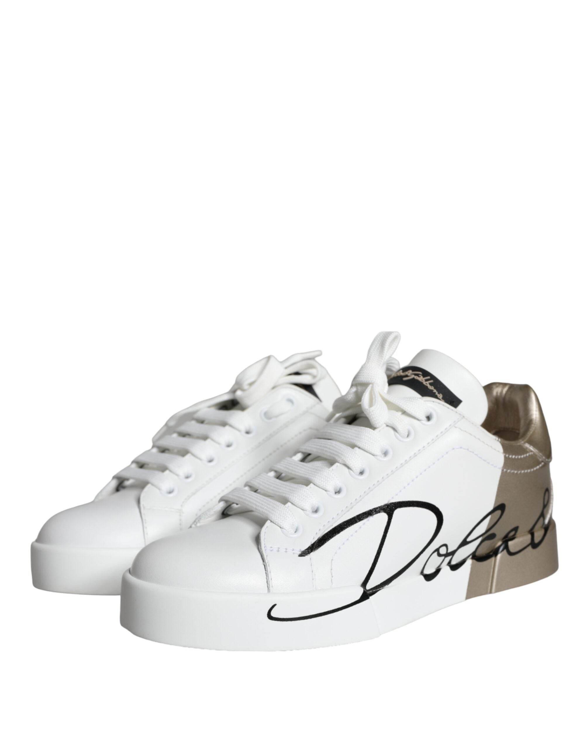 Dolce & Gabbana White Gold Portofino Low Top Leather Sneakers Shoes - Hilstor
