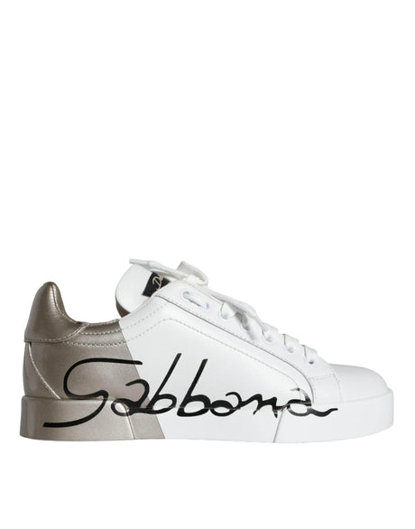 Dolce & Gabbana White Gold Portofino Low Top Leather Sneakers Shoes - Hilstor