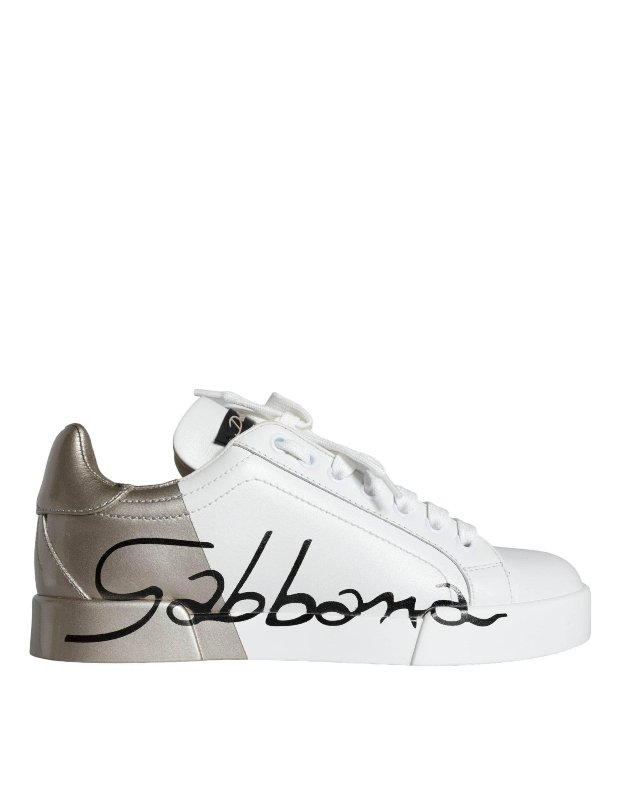 Dolce & Gabbana White Gold Portofino Low Top Leather Sneakers Shoes - Hilstor