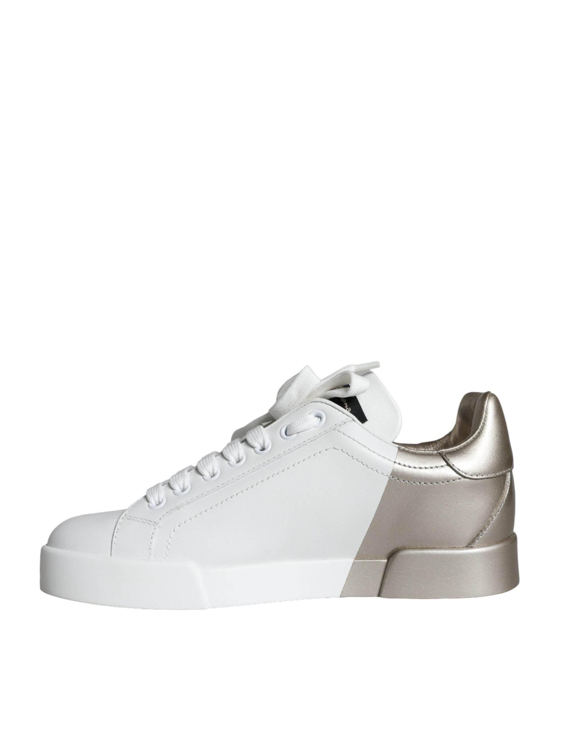 Dolce & Gabbana White Gold Portofino Low Top Leather Sneakers Shoes - Hilstor