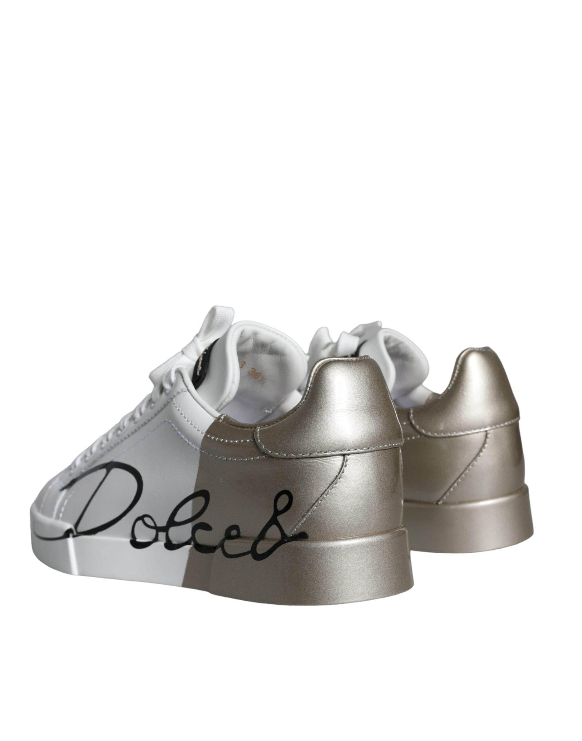 Dolce & Gabbana White Gold Portofino Low Top Leather Sneakers Shoes - Hilstor