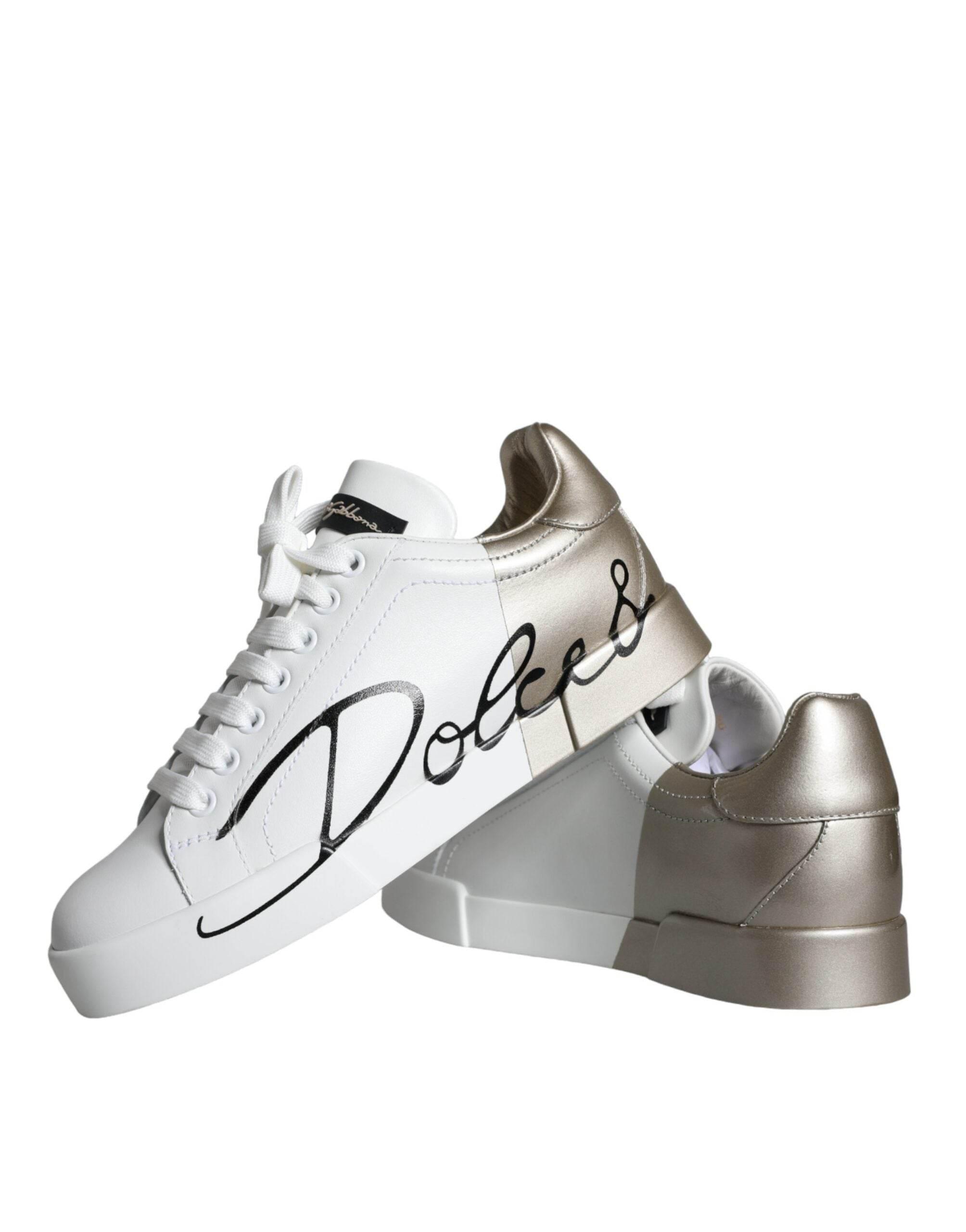 Dolce & Gabbana White Gold Portofino Low Top Leather Sneakers Shoes - Hilstor