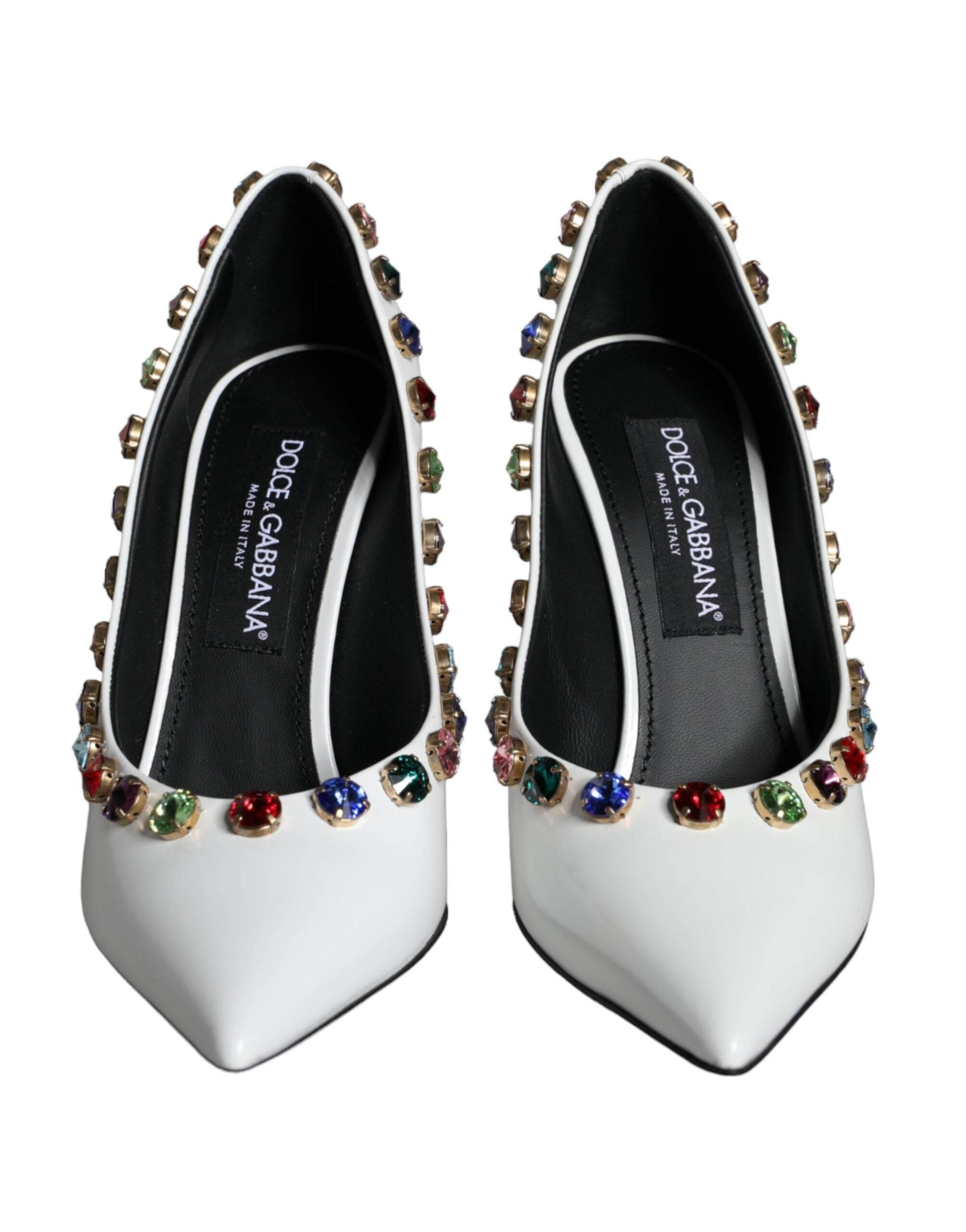 Dolce & Gabbana White Crystal Leather High Heels Pumps Shoes - Hilstor