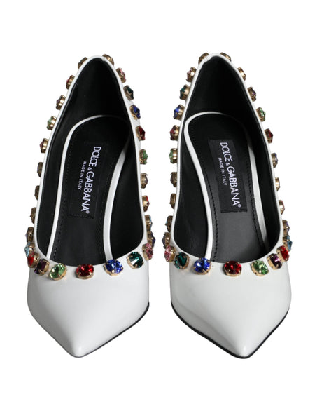 Dolce & Gabbana White Crystal Leather High Heels Pumps Shoes - Hilstor