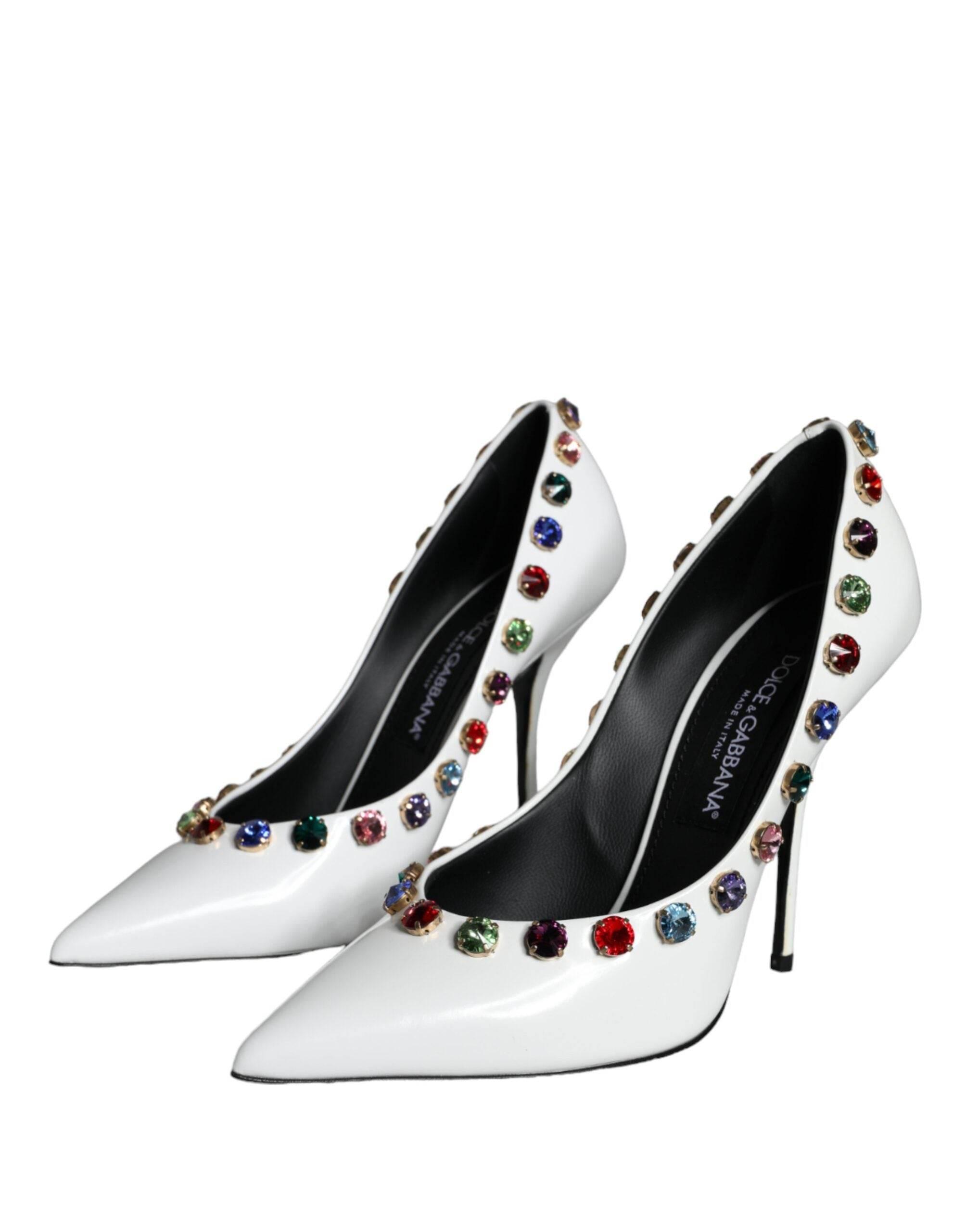 Dolce & Gabbana White Crystal Leather High Heels Pumps Shoes - Hilstor