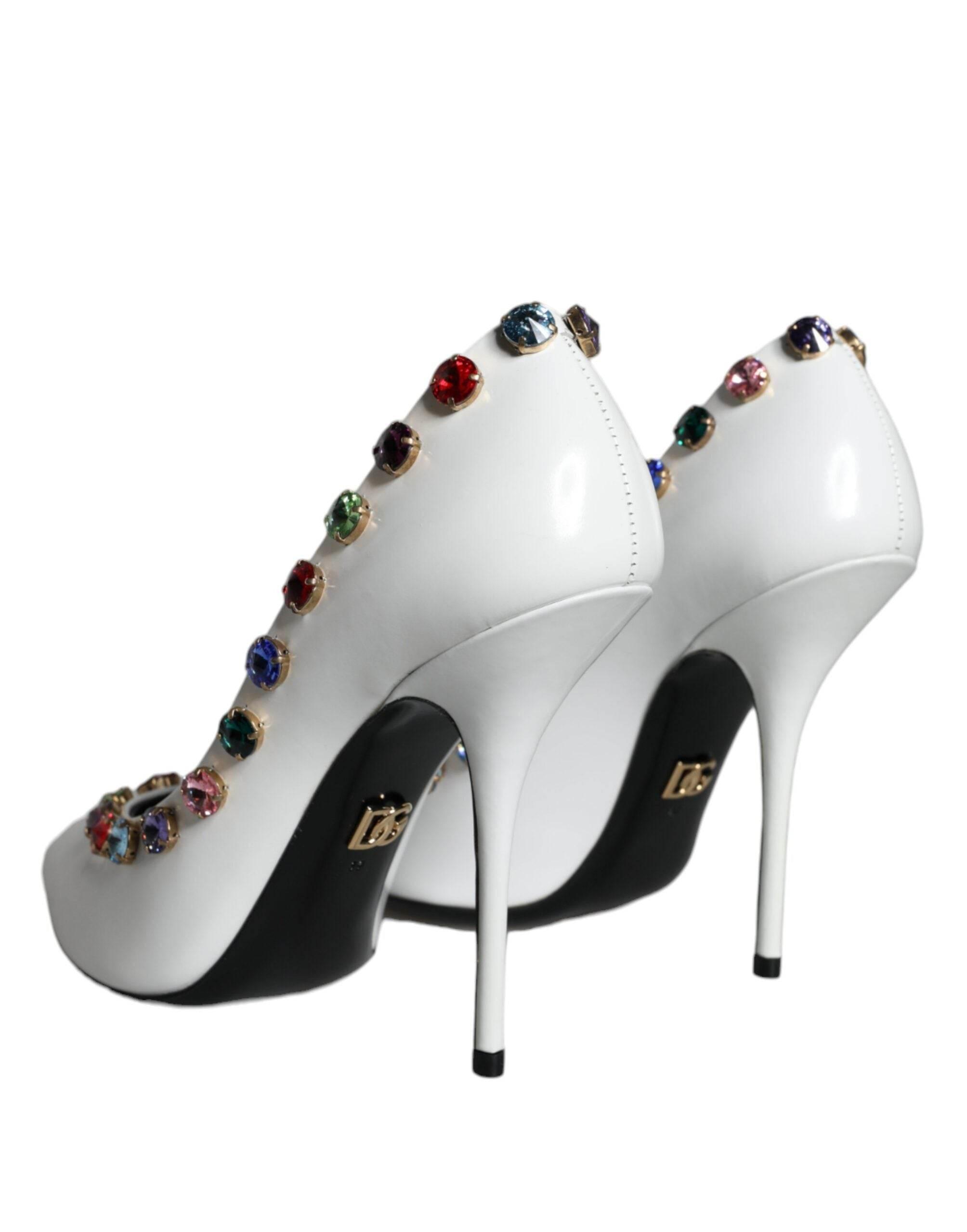 Dolce & Gabbana White Crystal Leather High Heels Pumps Shoes - Hilstor