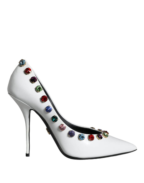 Dolce & Gabbana White Crystal Leather High Heels Pumps Shoes - Hilstor