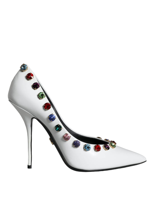 Dolce & Gabbana White Crystal Leather High Heels Pumps Shoes - Hilstor