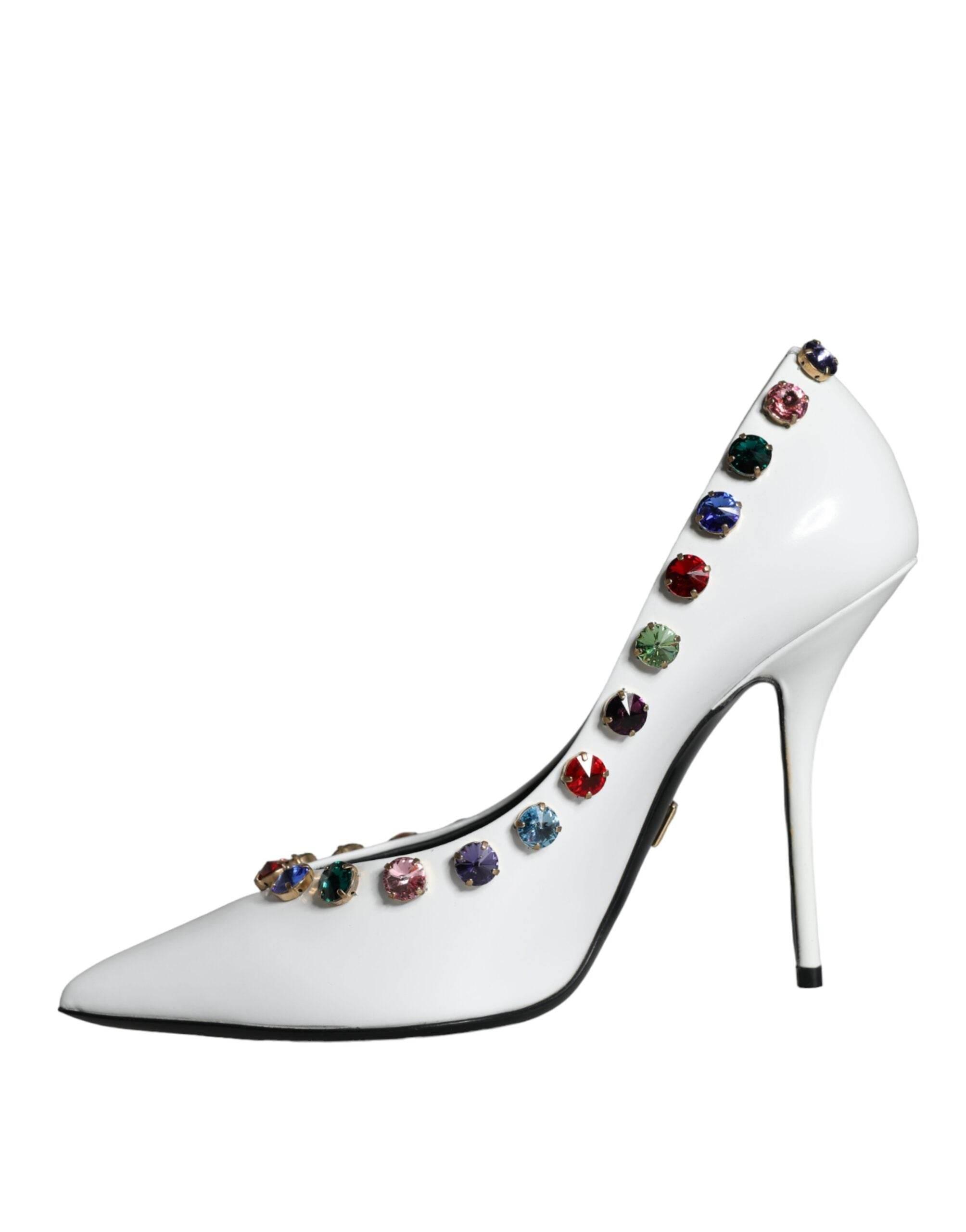 Dolce & Gabbana White Crystal Leather High Heels Pumps Shoes - Hilstor