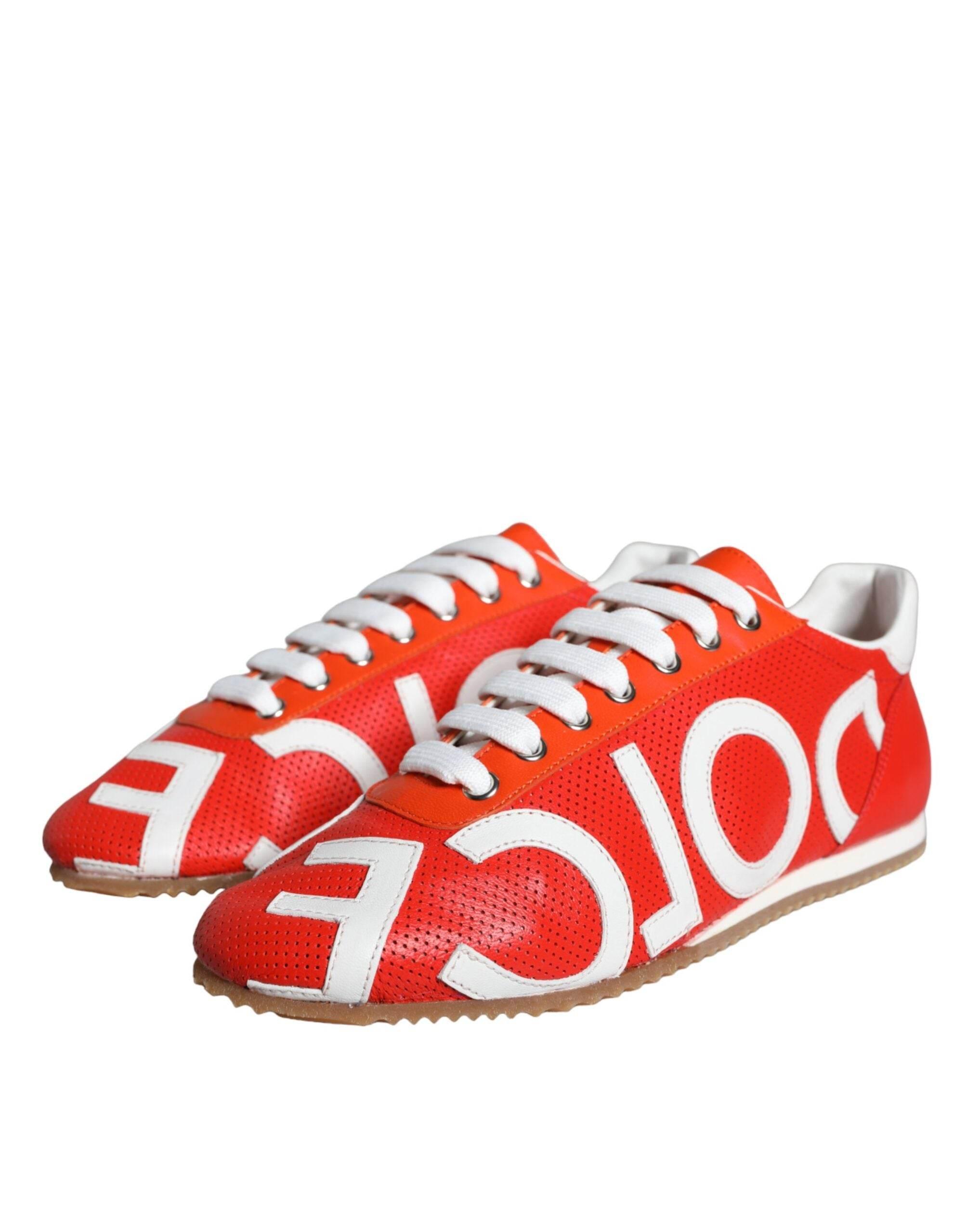 Dolce & Gabbana Red White Leather Logo Casual Sneakers Shoes - Hilstor