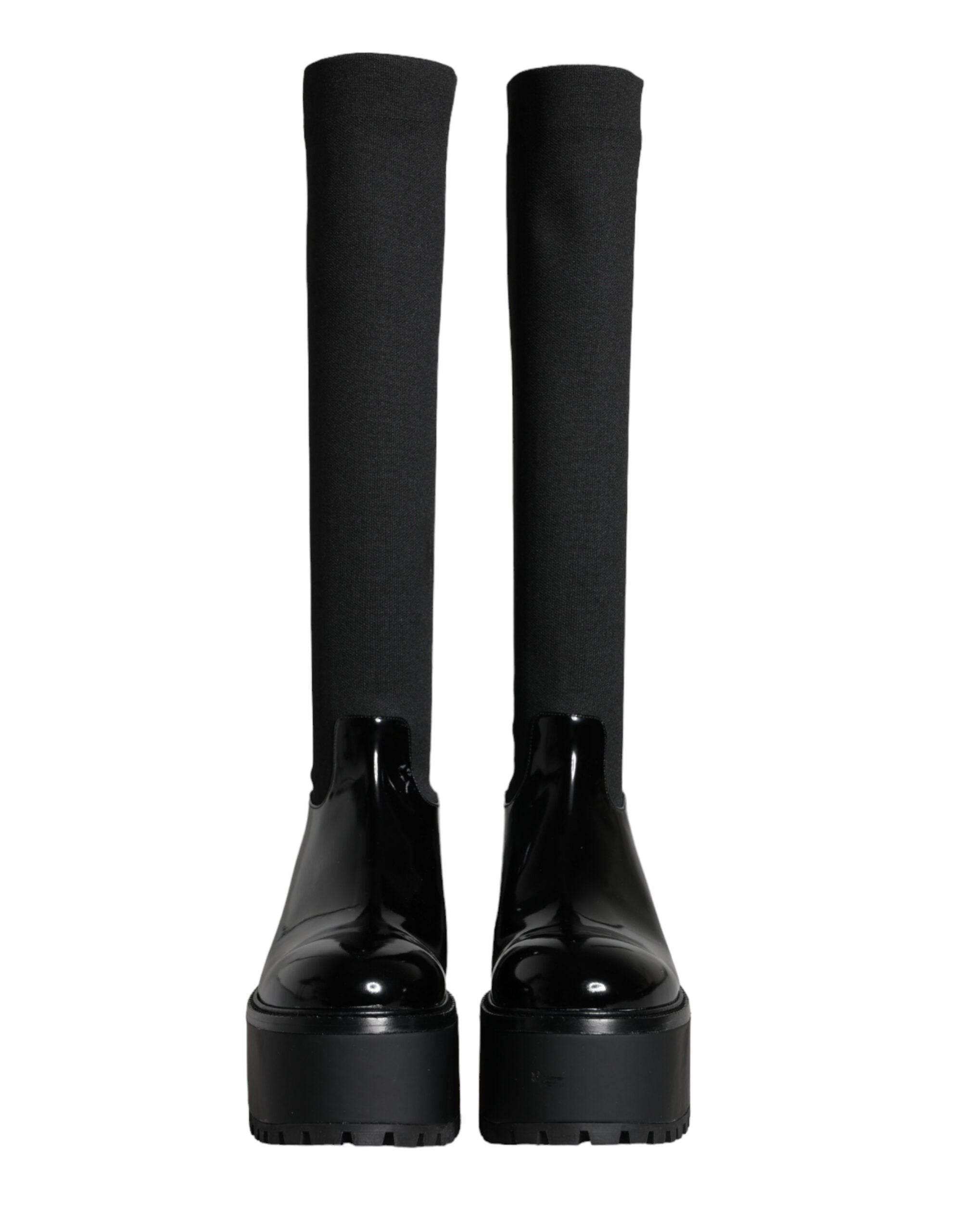 Dolce & Gabbana Black Leather Jersey Knee High Boots Shoes - Hilstor