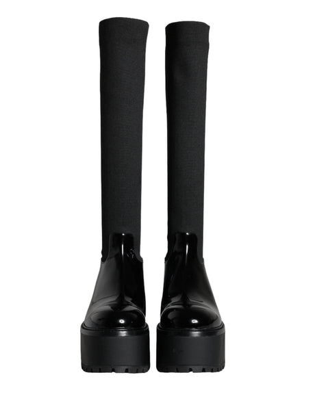 Dolce & Gabbana Black Leather Jersey Knee High Boots Shoes - Hilstor