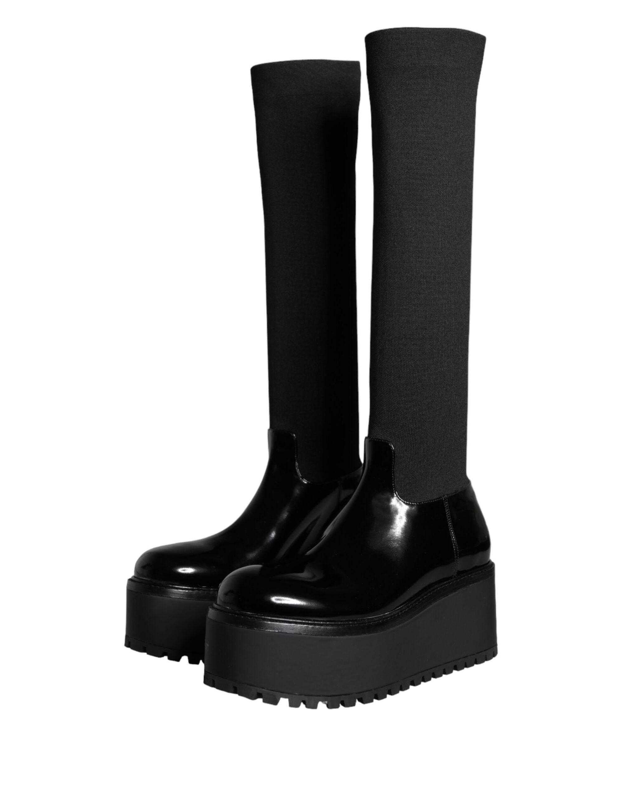 Dolce & Gabbana Black Leather Jersey Knee High Boots Shoes - Hilstor