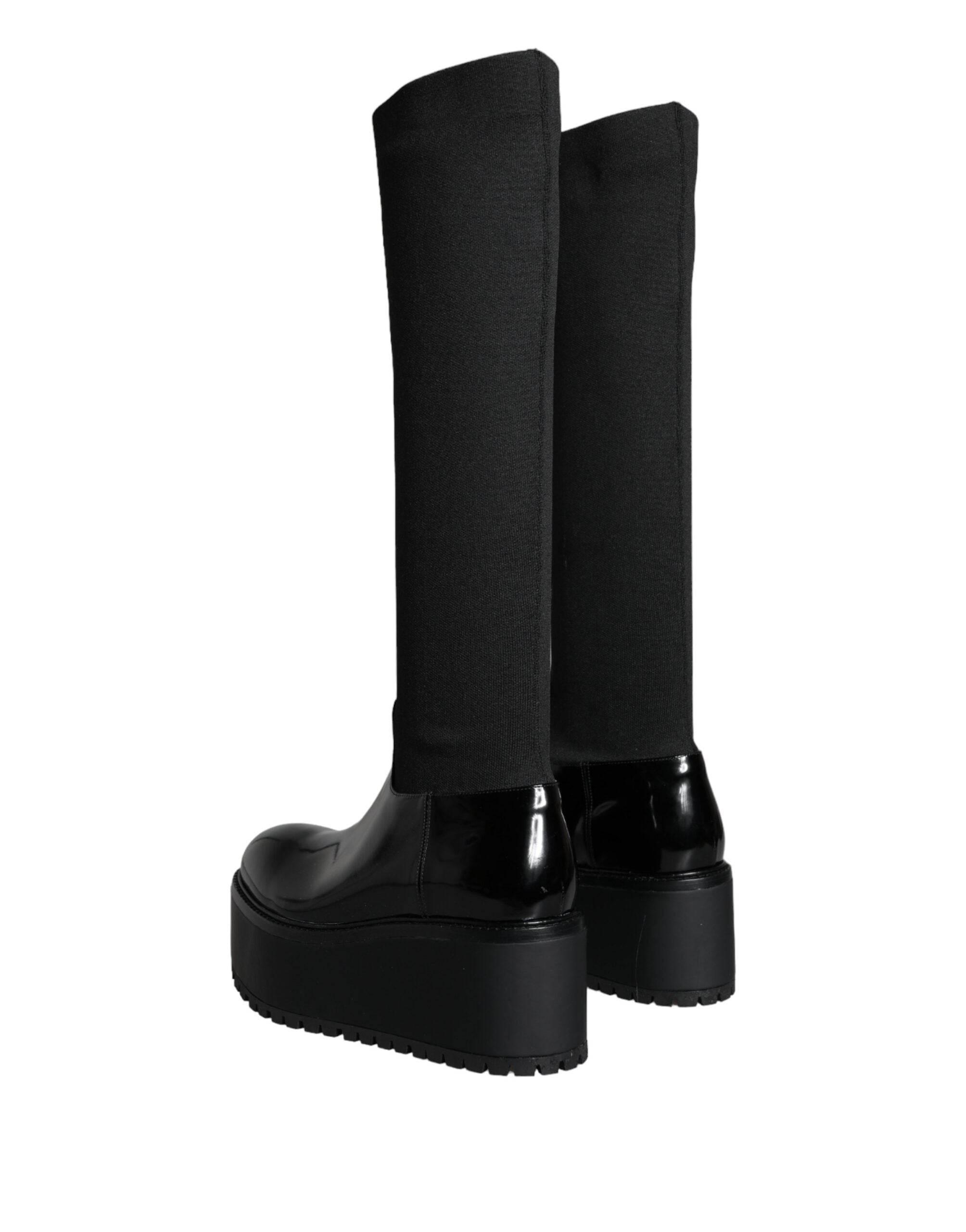 Dolce & Gabbana Black Leather Jersey Knee High Boots Shoes - Hilstor