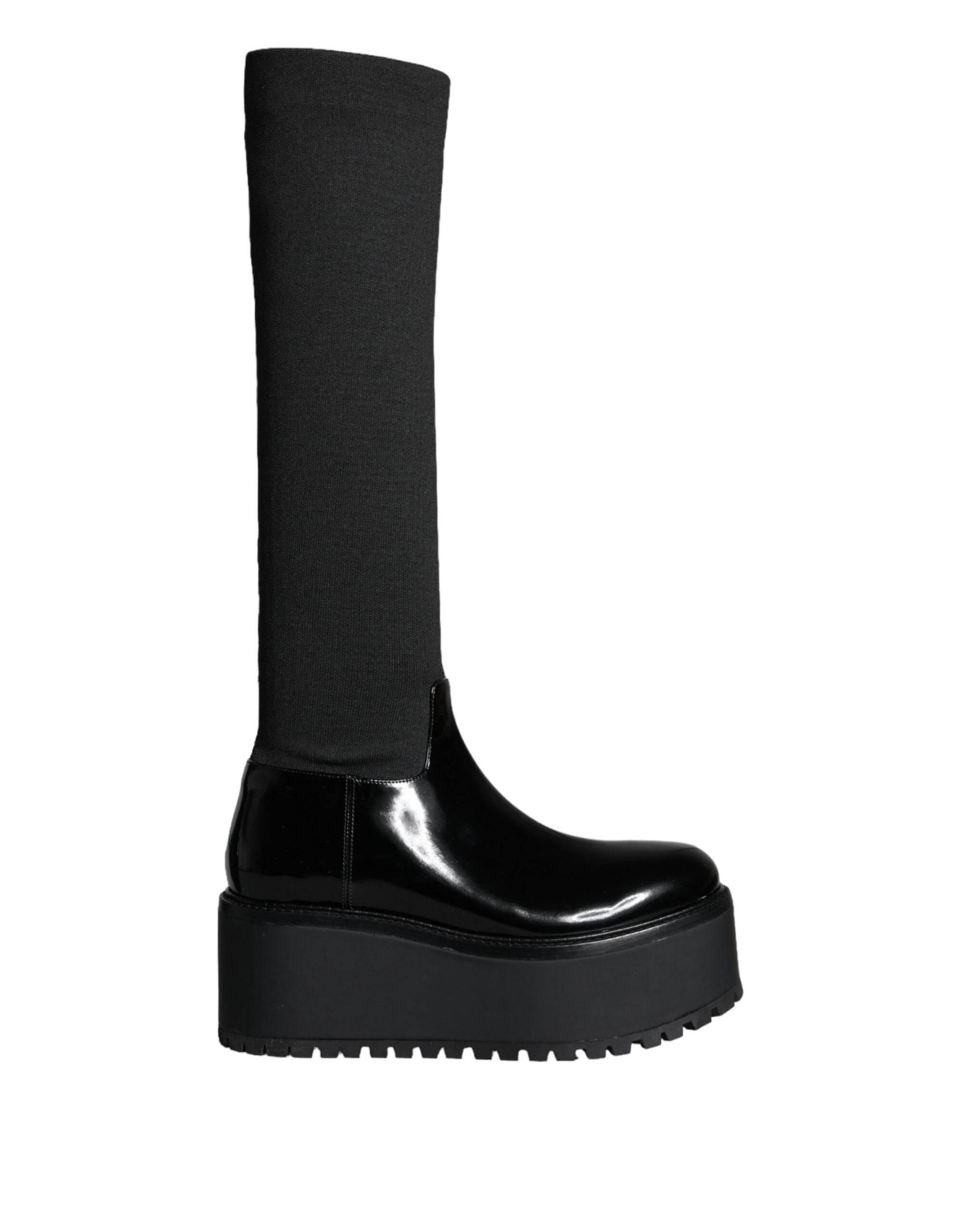 Dolce & Gabbana Black Leather Jersey Knee High Boots Shoes - Hilstor