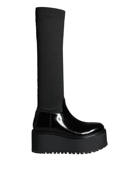 Dolce & Gabbana Black Leather Jersey Knee High Boots Shoes - Hilstor