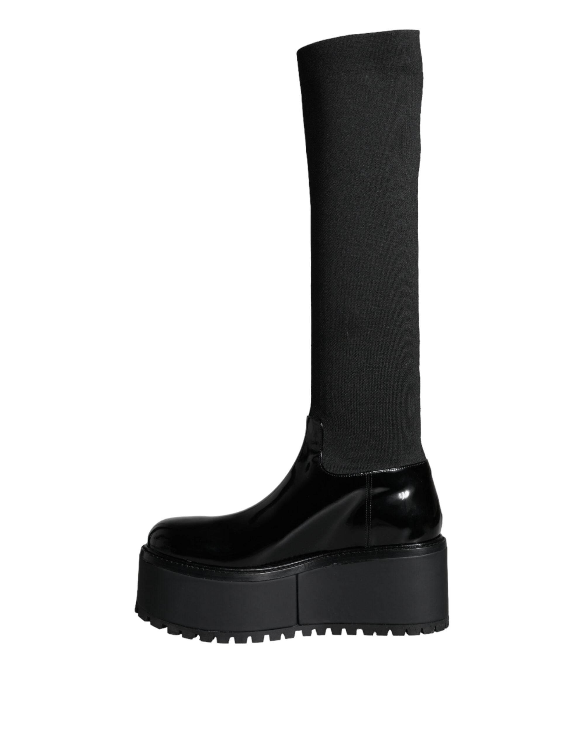 Dolce & Gabbana Black Leather Jersey Knee High Boots Shoes - Hilstor