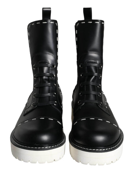 Dolce & Gabbana Black Leather Combat Mid Calf Boots Shoes - Hilstor