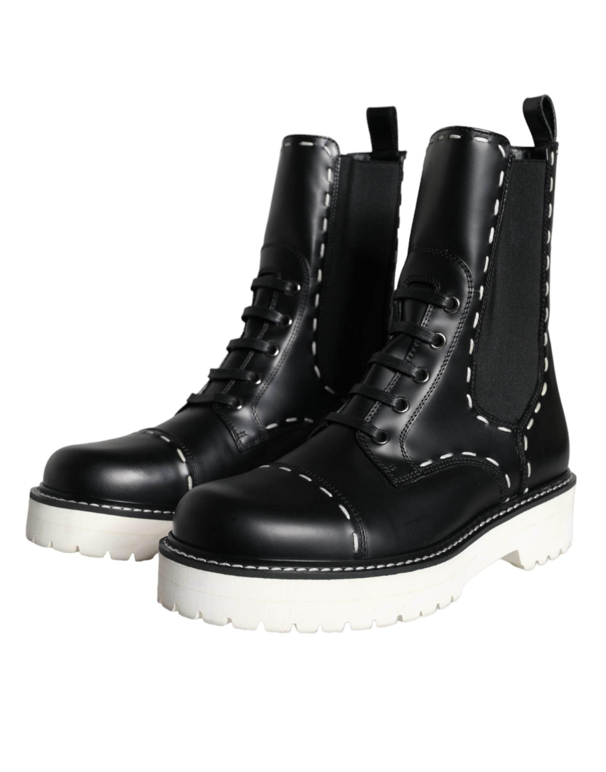 Dolce & Gabbana Black Leather Combat Mid Calf Boots Shoes - Hilstor