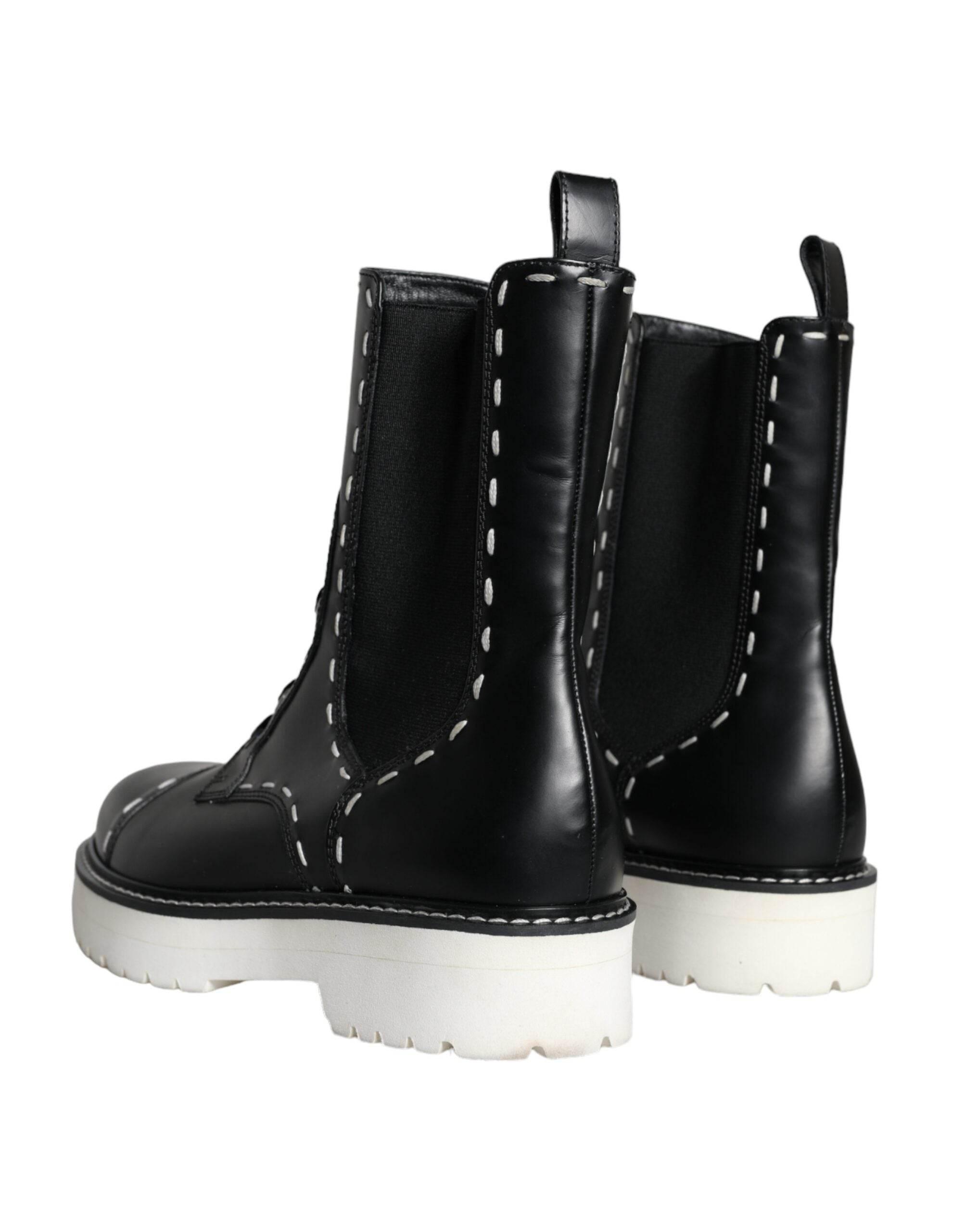 Dolce & Gabbana Black Leather Combat Mid Calf Boots Shoes - Hilstor