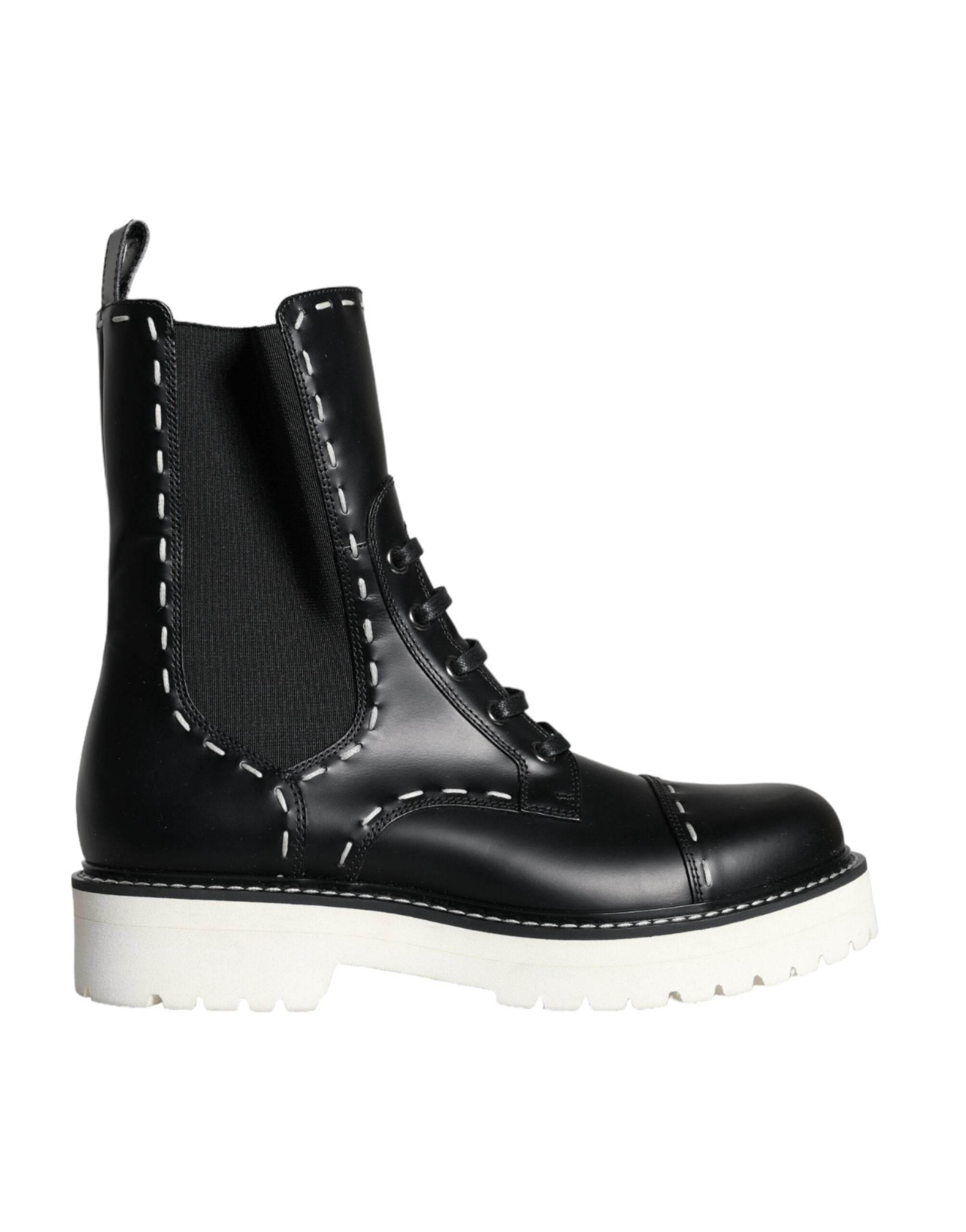Dolce & Gabbana Black Leather Combat Mid Calf Boots Shoes - Hilstor