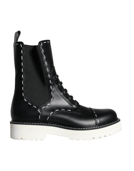 Dolce & Gabbana Black Leather Combat Mid Calf Boots Shoes - Hilstor