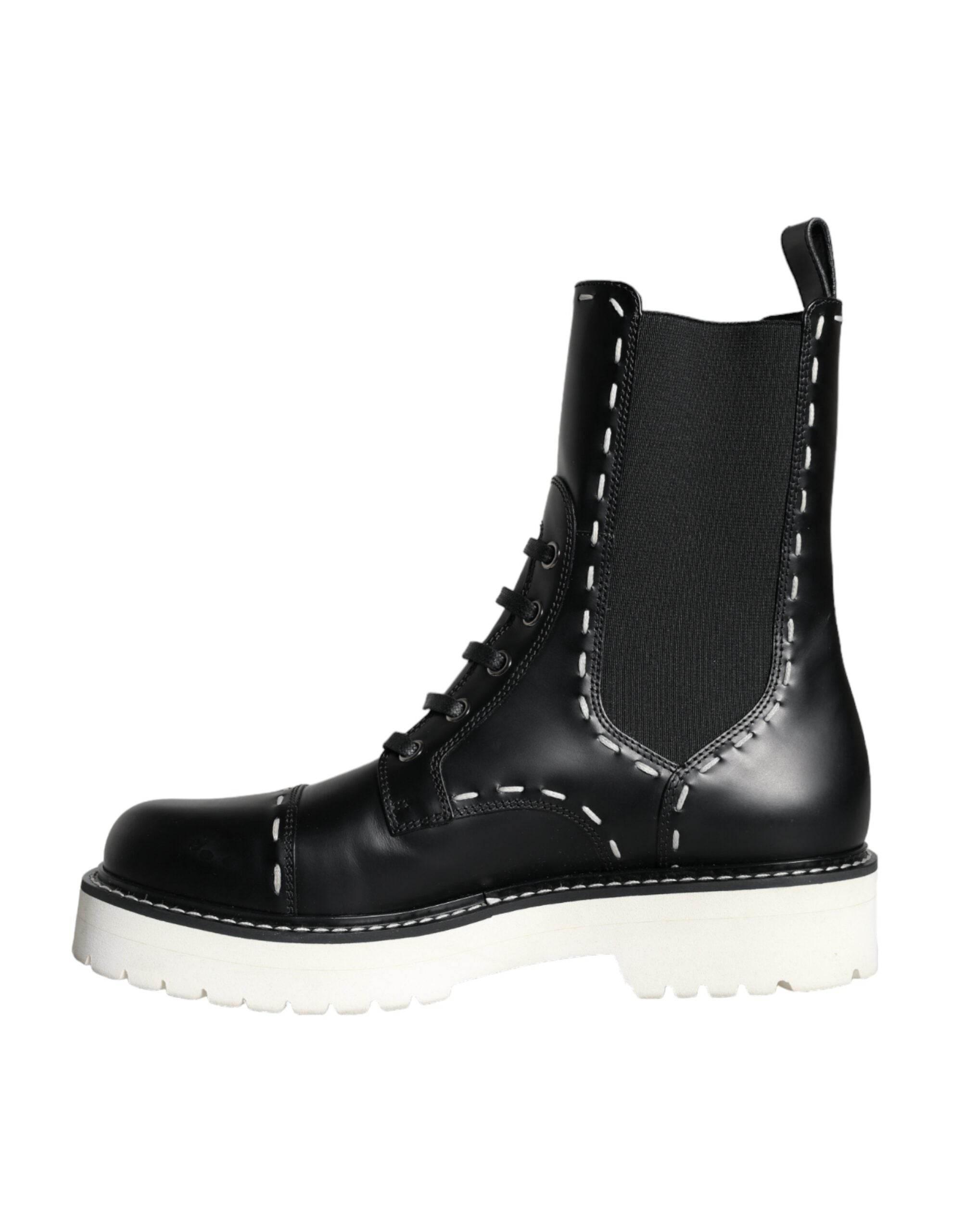 Dolce & Gabbana Black Leather Combat Mid Calf Boots Shoes - Hilstor