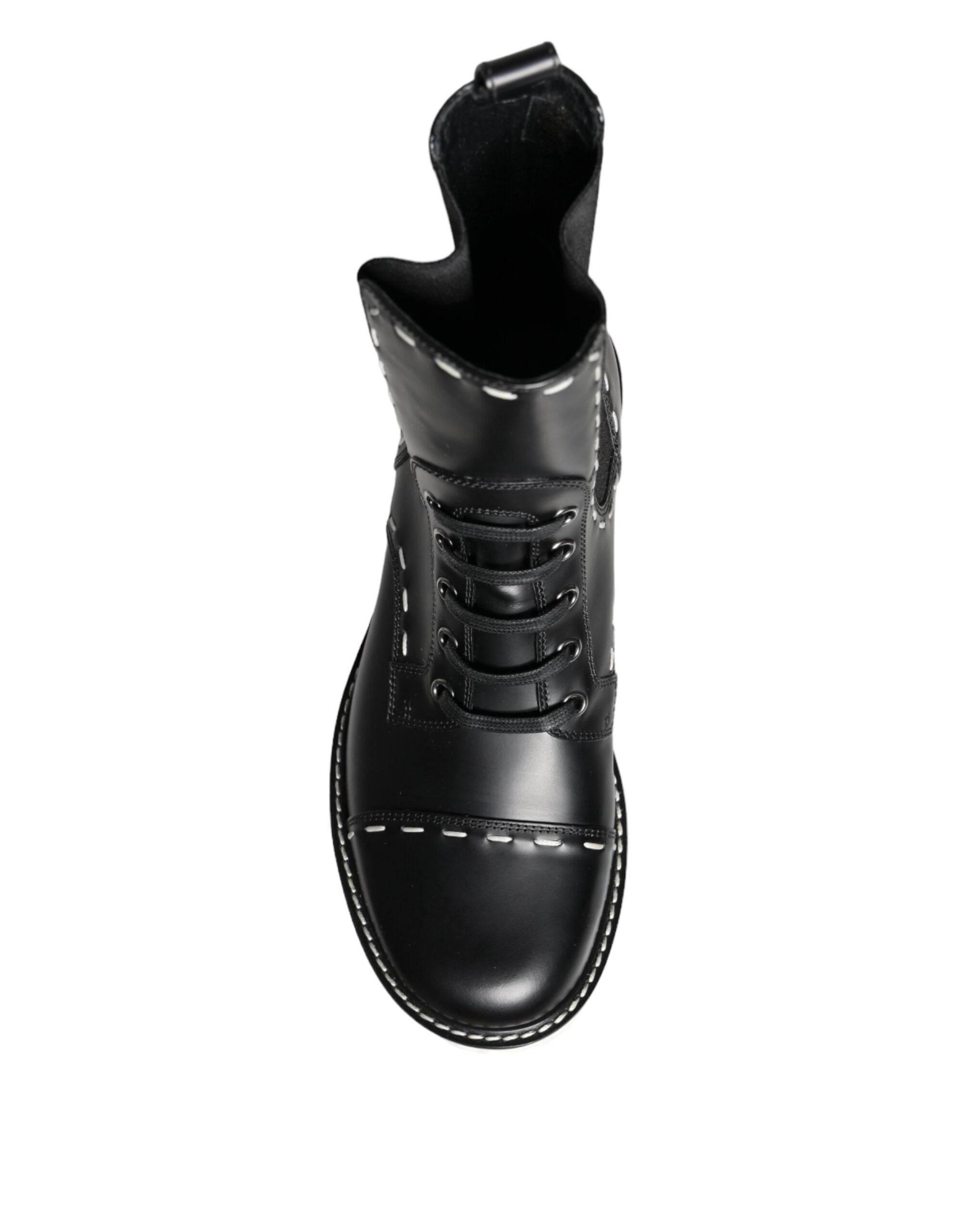 Dolce & Gabbana Black Leather Combat Mid Calf Boots Shoes - Hilstor